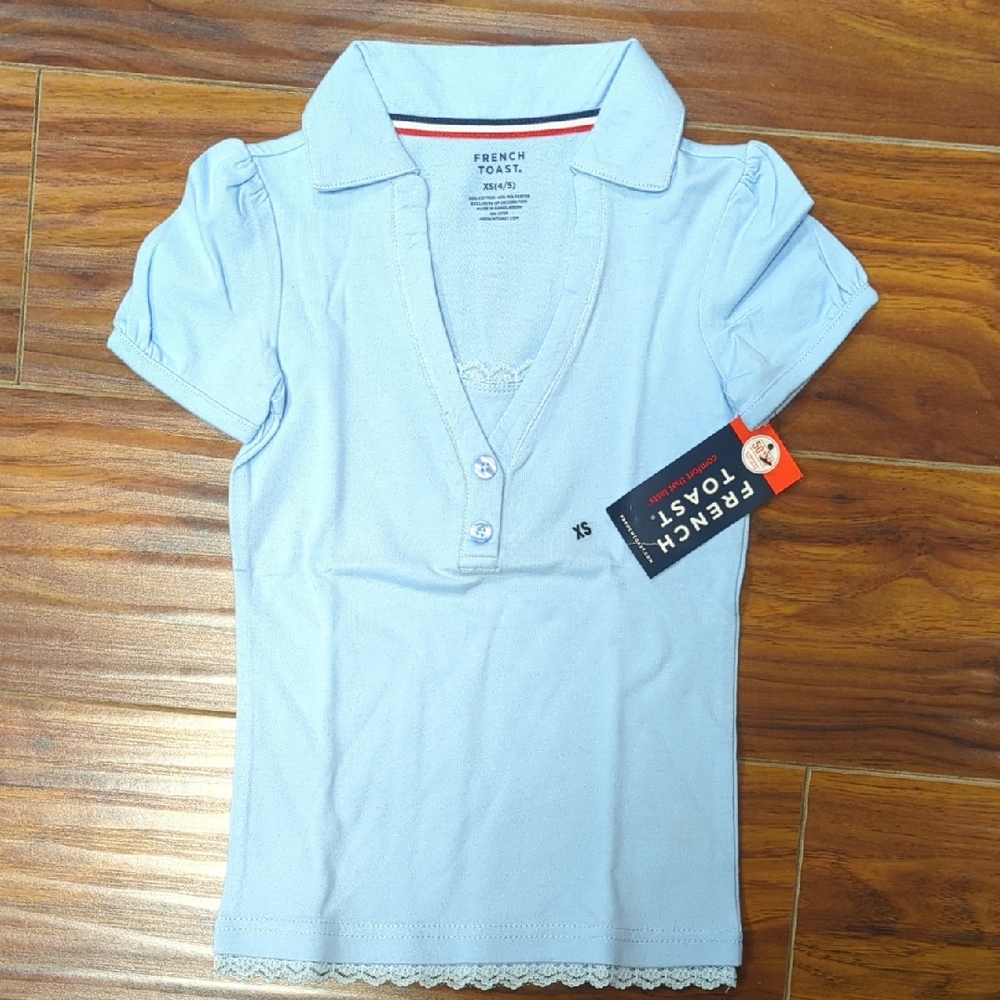 French Toast SA9462 Kids Polo with Lace Trim - Light Blue